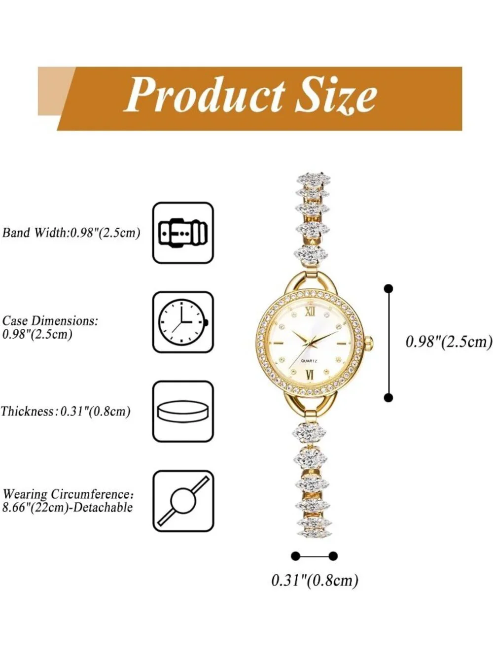 Women's Gold Analog Quartz Elegant Slim Strap Rhinestones Bracelet Wrist Watch
